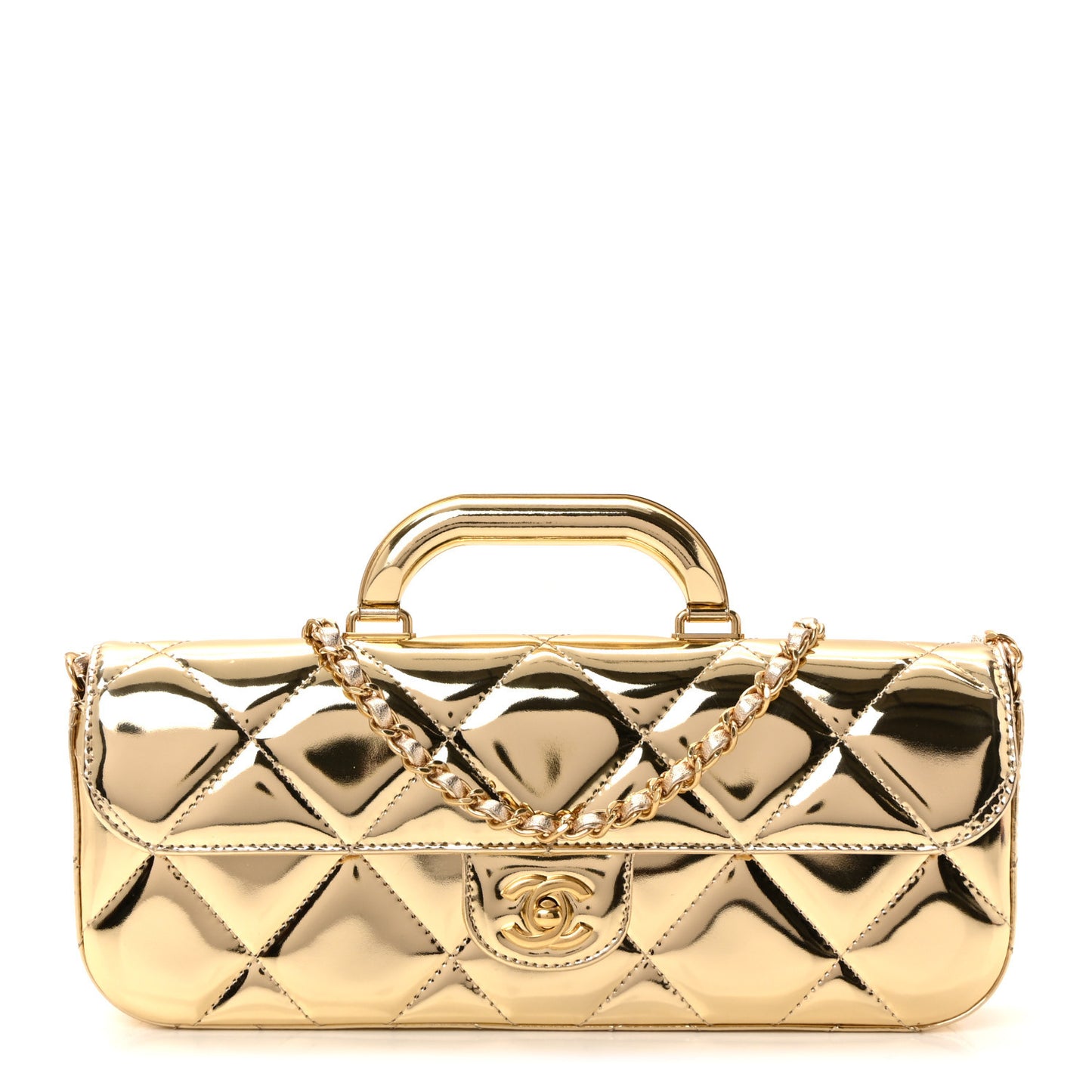 Metallic Mirror Calfskin Large Top Handle Clutch With Chain Gold
