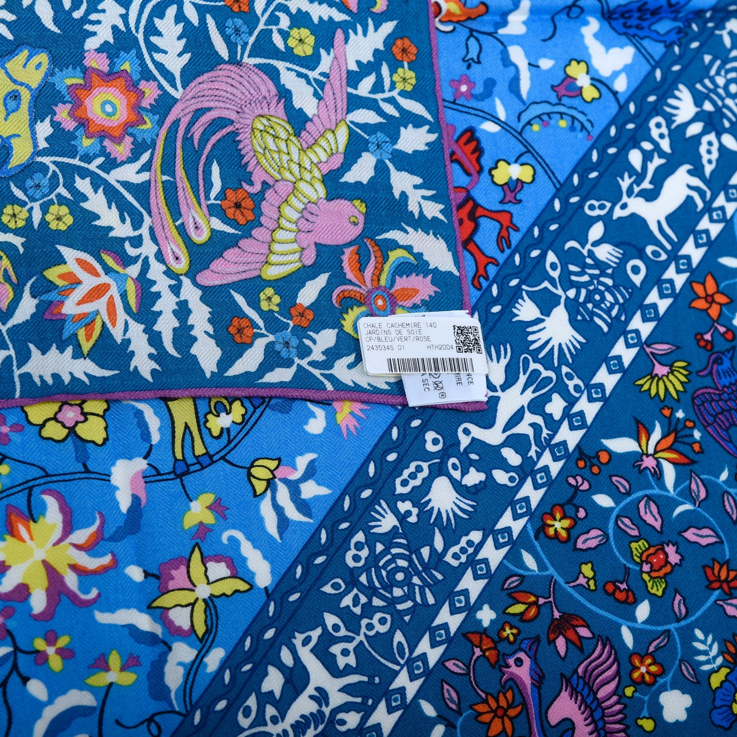 Cashmere Silk Jardins De Soie Shawl 140 Bleu Vert Rose