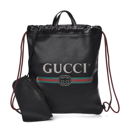 Gucci Calfskin Logo Drawstring Backpack Black 1 of 14