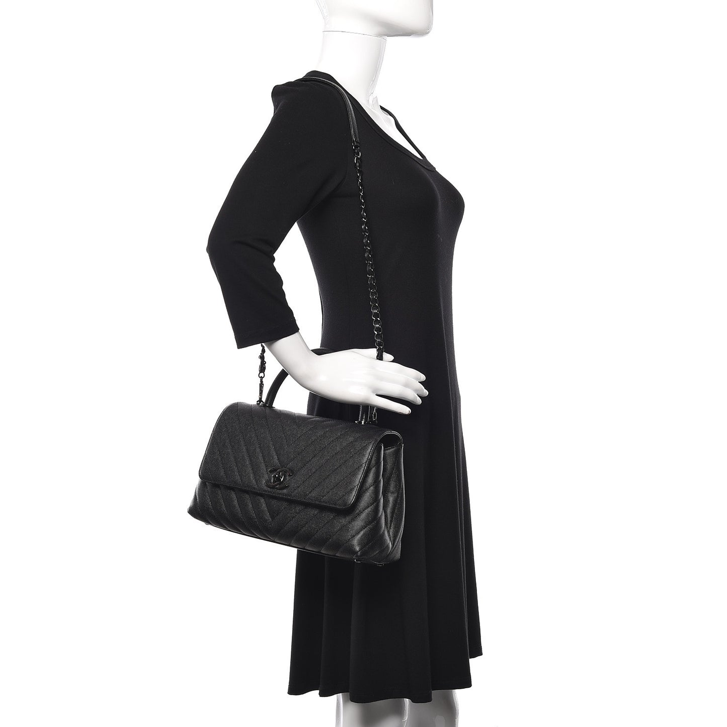 Caviar Chevron Quilted Small Coco Handle Flap So Black