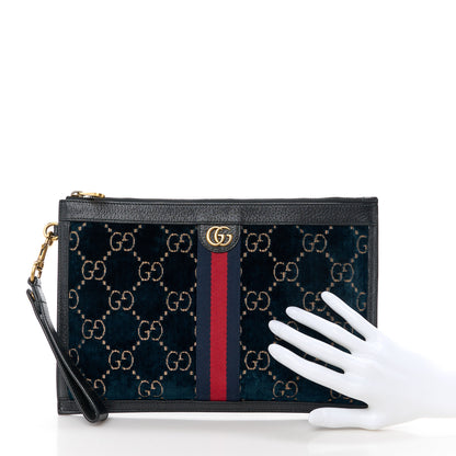 Gucci Velvet GG Monogram Textured Calfskin Web Ophidia Wristlet Blue Beige Black 2 of 12
