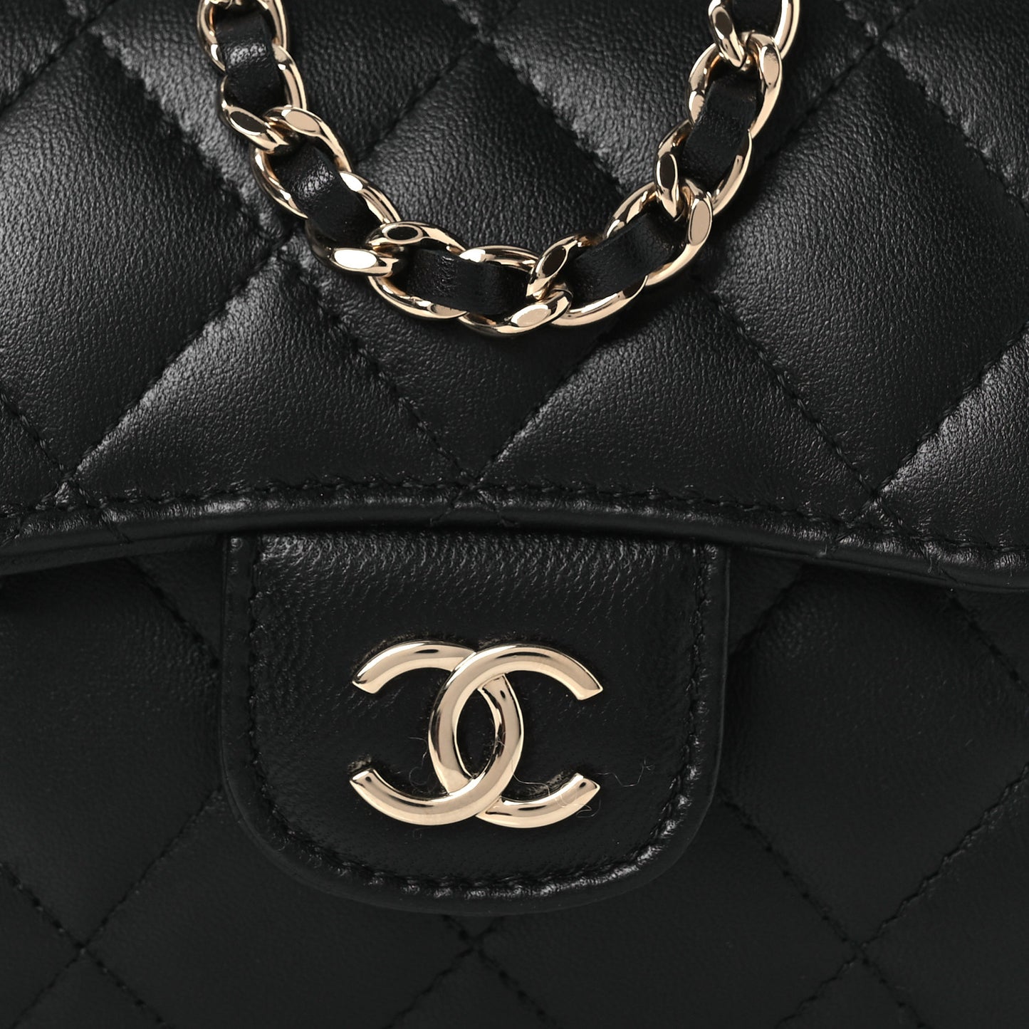 Lambskin Quilted Top Handle Flap Clutch With Chain Black