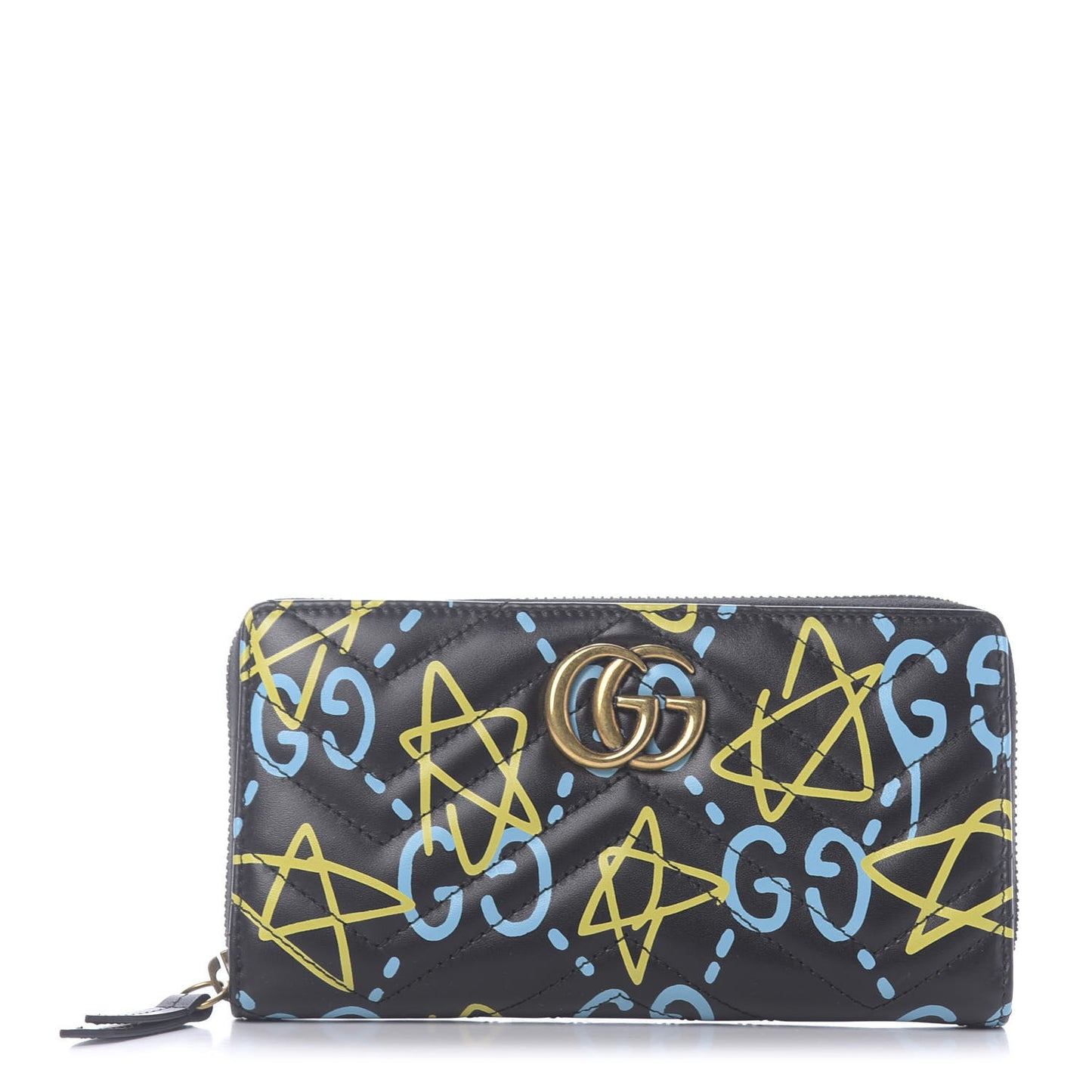 Calfskin Matelasse GucciGhost GG Marmont Zip Around Wallet Black New Acquamarine