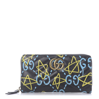 Gucci Calfskin Matelasse GucciGhost GG Marmont Zip Around Wallet Black New Acquamarine 1 of 10