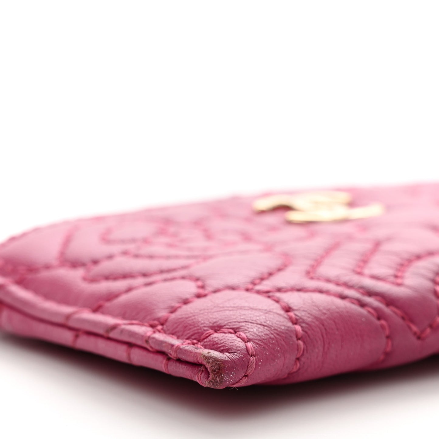 Lambskin Camellia Embossed Card Holder Fuchsia