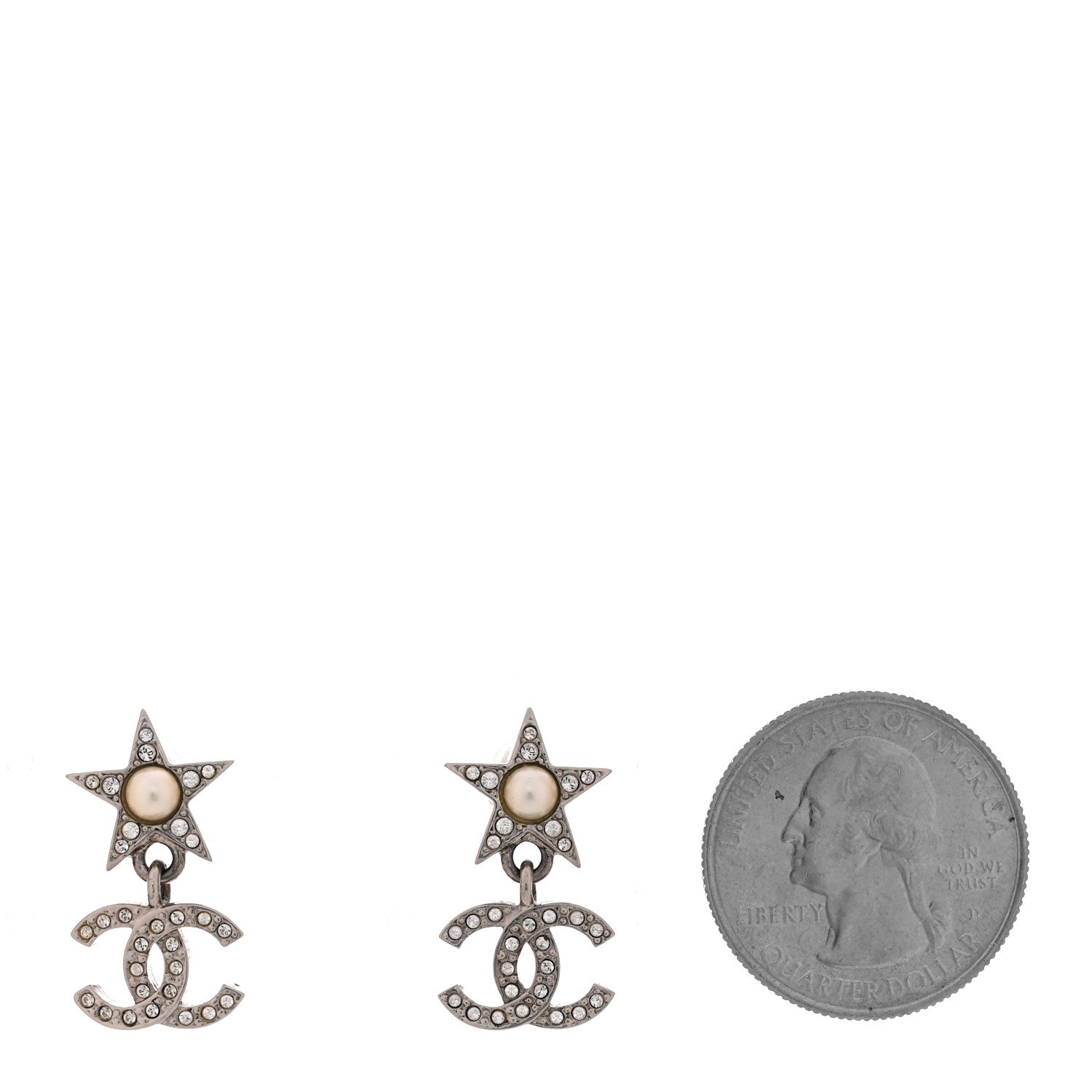 Chanel Crystal CC Pearl Star Drop Earrings Silver 2 of 5