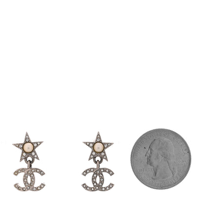 Chanel Crystal CC Pearl Star Drop Earrings Silver 2 of 5