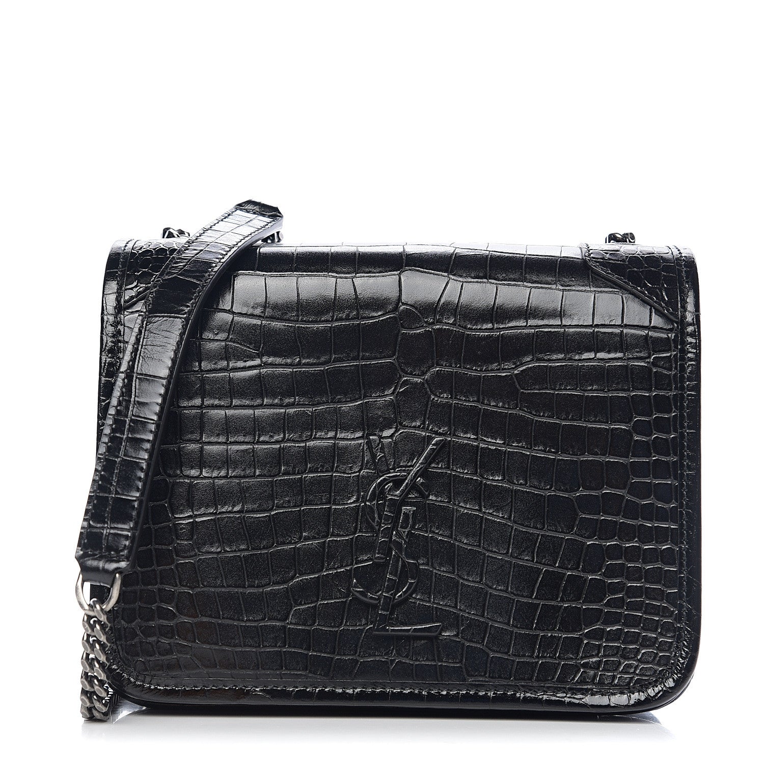 Saint Laurent Crocodile Embossed Lambskin Matelasse Monogram Niki Chain Wallet Black 1 of 9