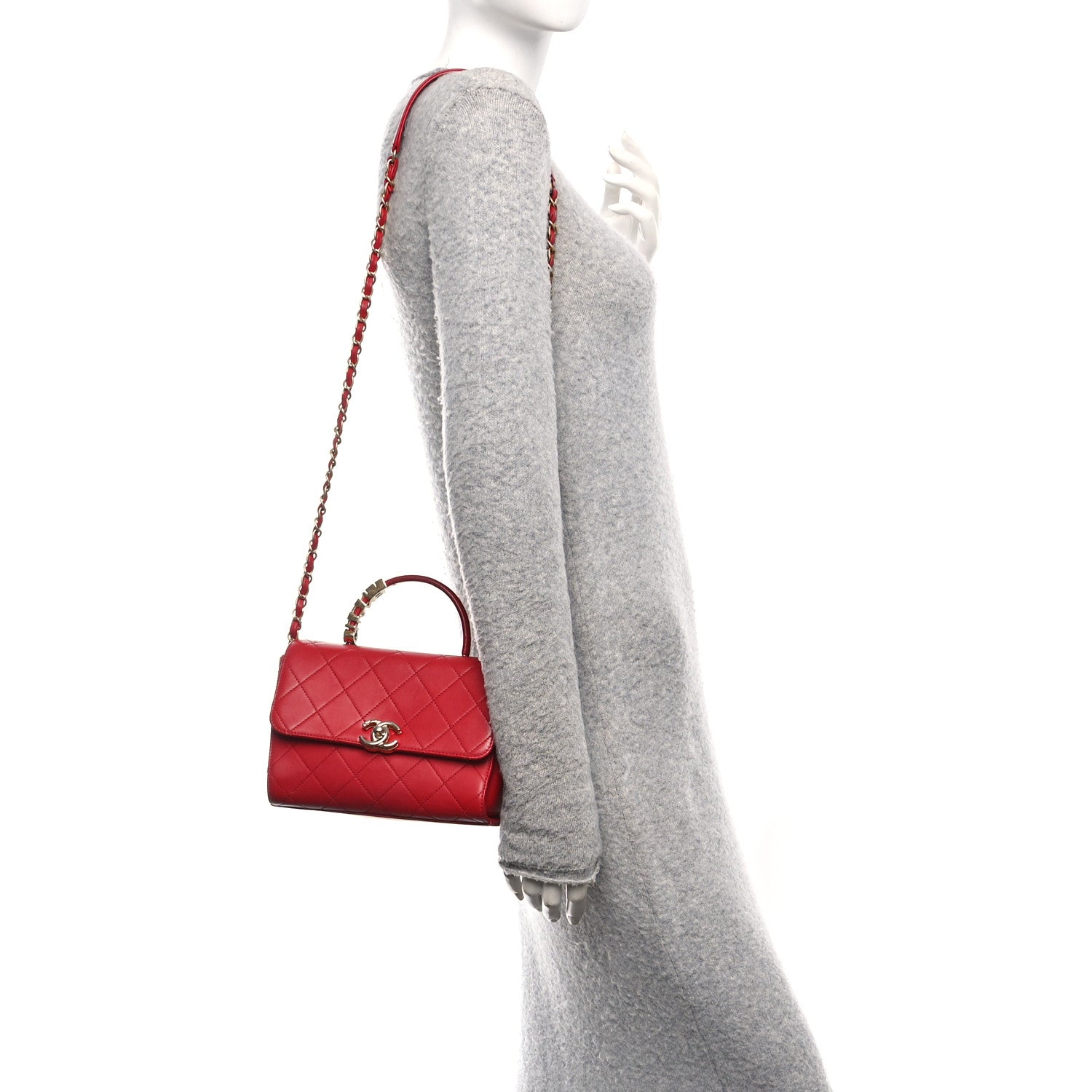 Chanel Lambskin Stitched Pearl Logo Top Handle Flap Red 2 of 11