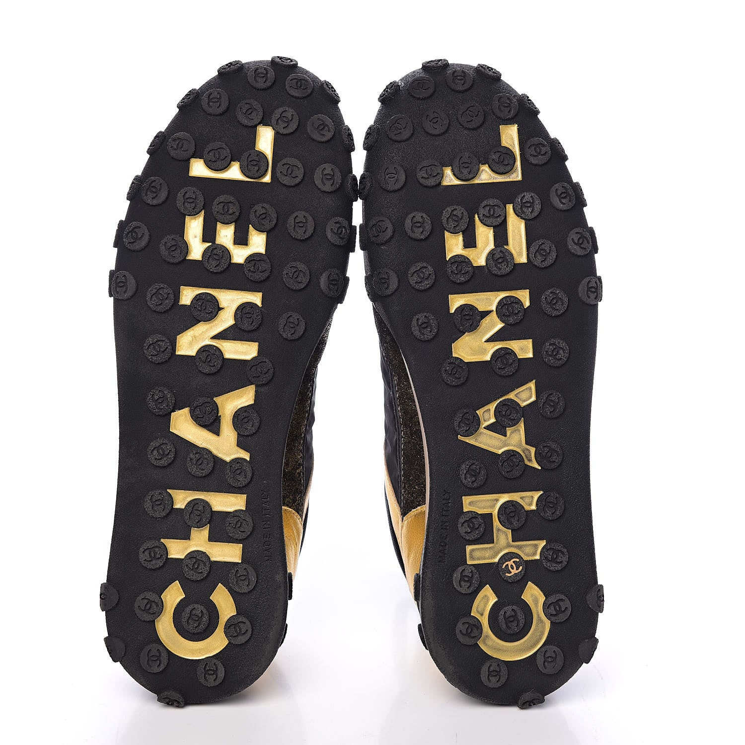 Chanel Metallic Lambskin Satin Finish Womens CC Sneakers 40 Black Gold 5 of 14