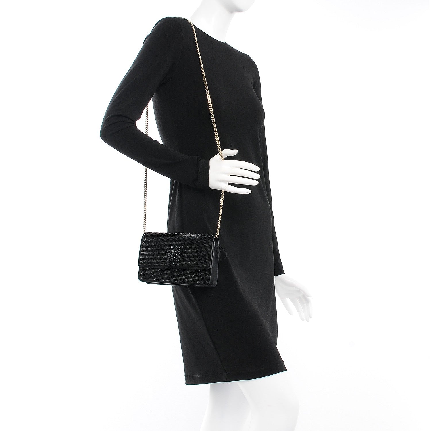 Versace Calfskin Palazzo Crystal Chain Evening Bag Black 2 of 6