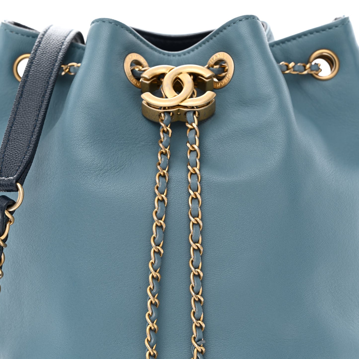Grained Calfskin Lambskin CC Drawstring Bag Light Blue