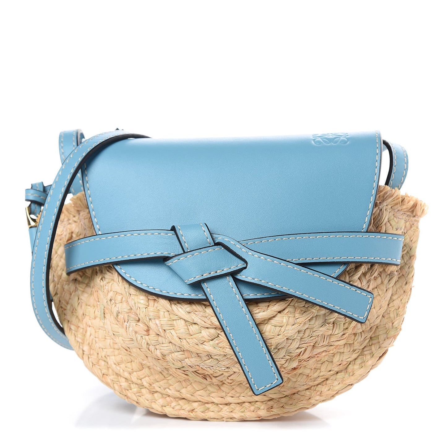 Calfskin Raffia Mini Gate Crossbody Bag Light Blue Natural