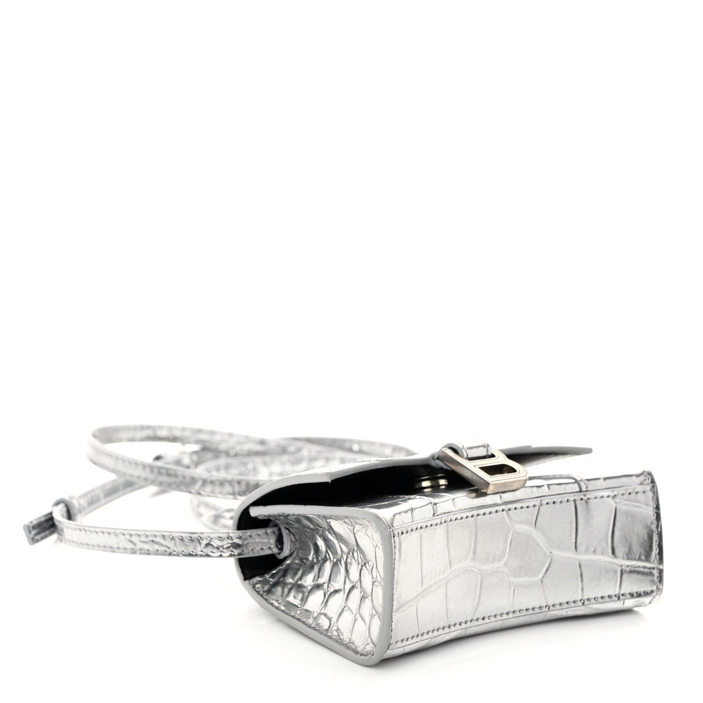 Metallic Calfskin Crocodile Embossed Hourglass Top Handle Bag Mini Silver