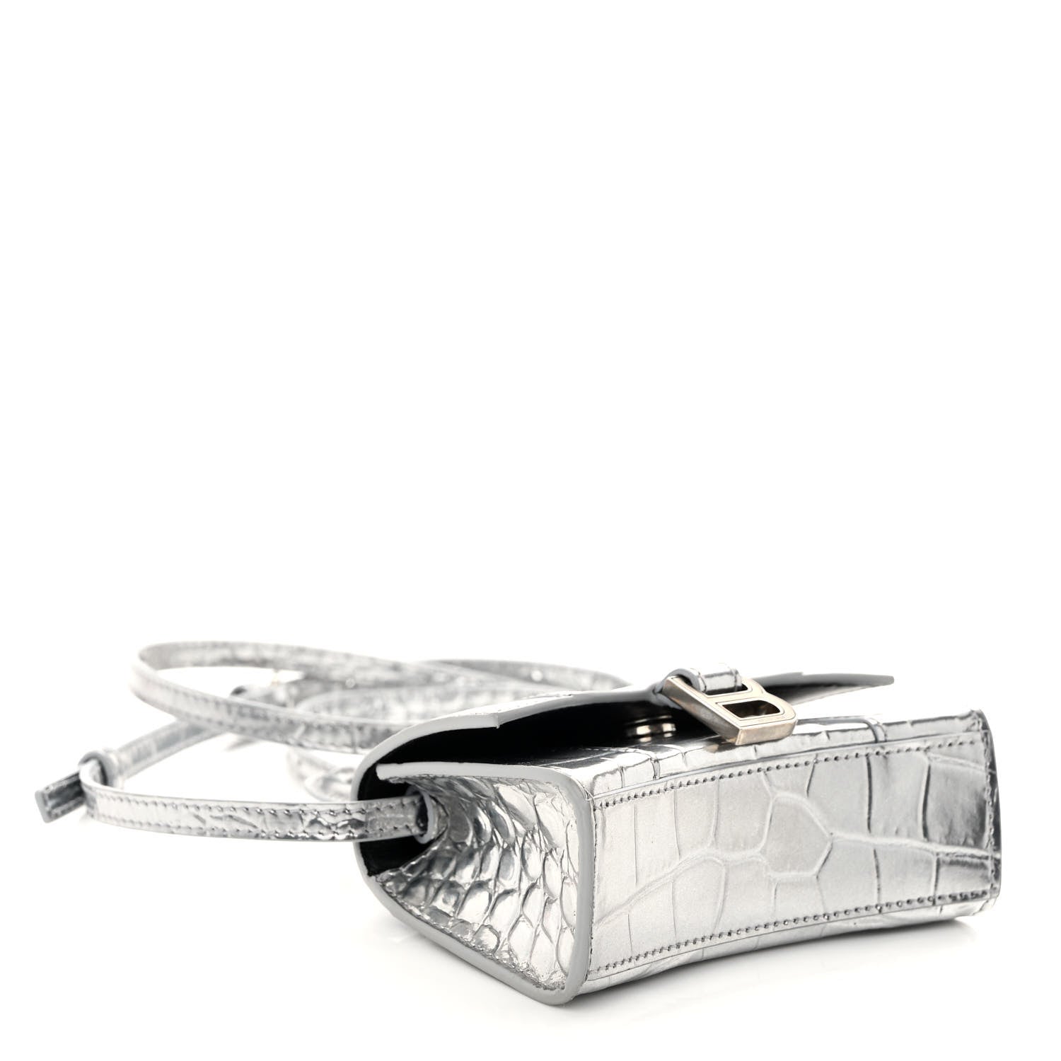 Balenciaga Metallic Calfskin Crocodile Embossed Hourglass Top Handle Bag Mini Silver 4 of 9