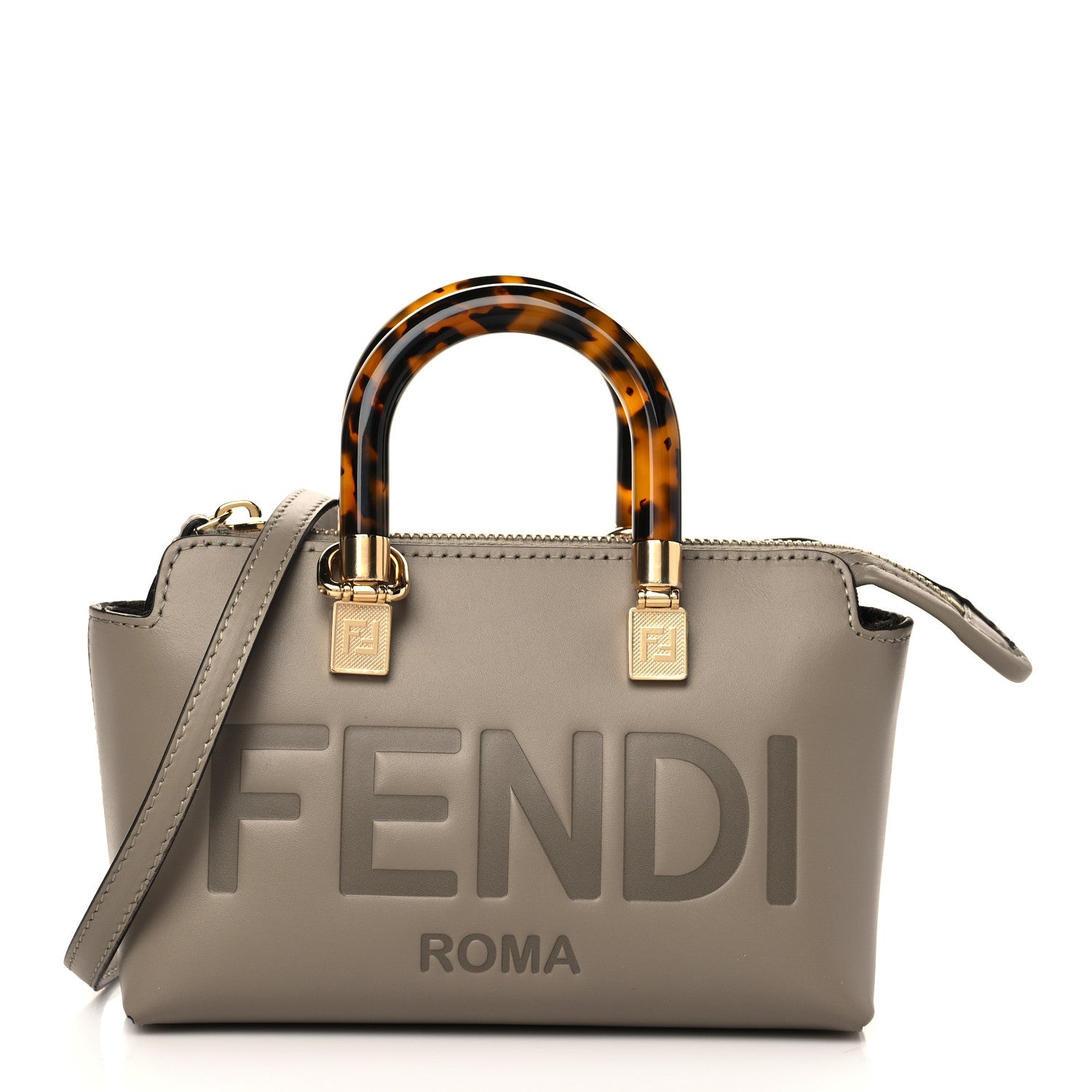 Fendi Vitello King Plexiglass Logo Embossed Mini By The Way Top Handle Boston Bag Tortora 1 of 6