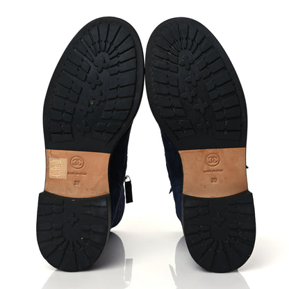 Chanel Suede Quilted CC Lace Up Combat Boots 39 Navy Black 5 of 8