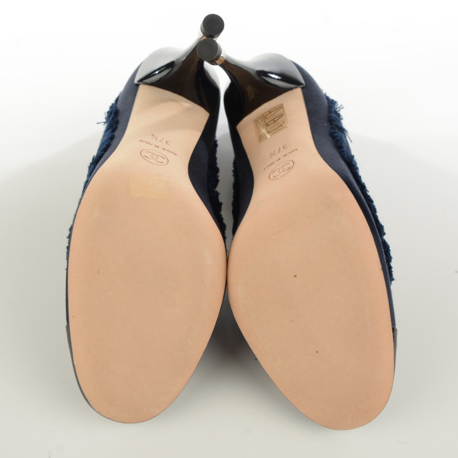 Chanel Patent Calfskin Satin Cap Toe Pumps 37.5 Navy Black 5 of 8