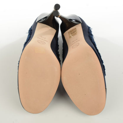 Chanel Patent Calfskin Satin Cap Toe Pumps 37.5 Navy Black 5 of 8