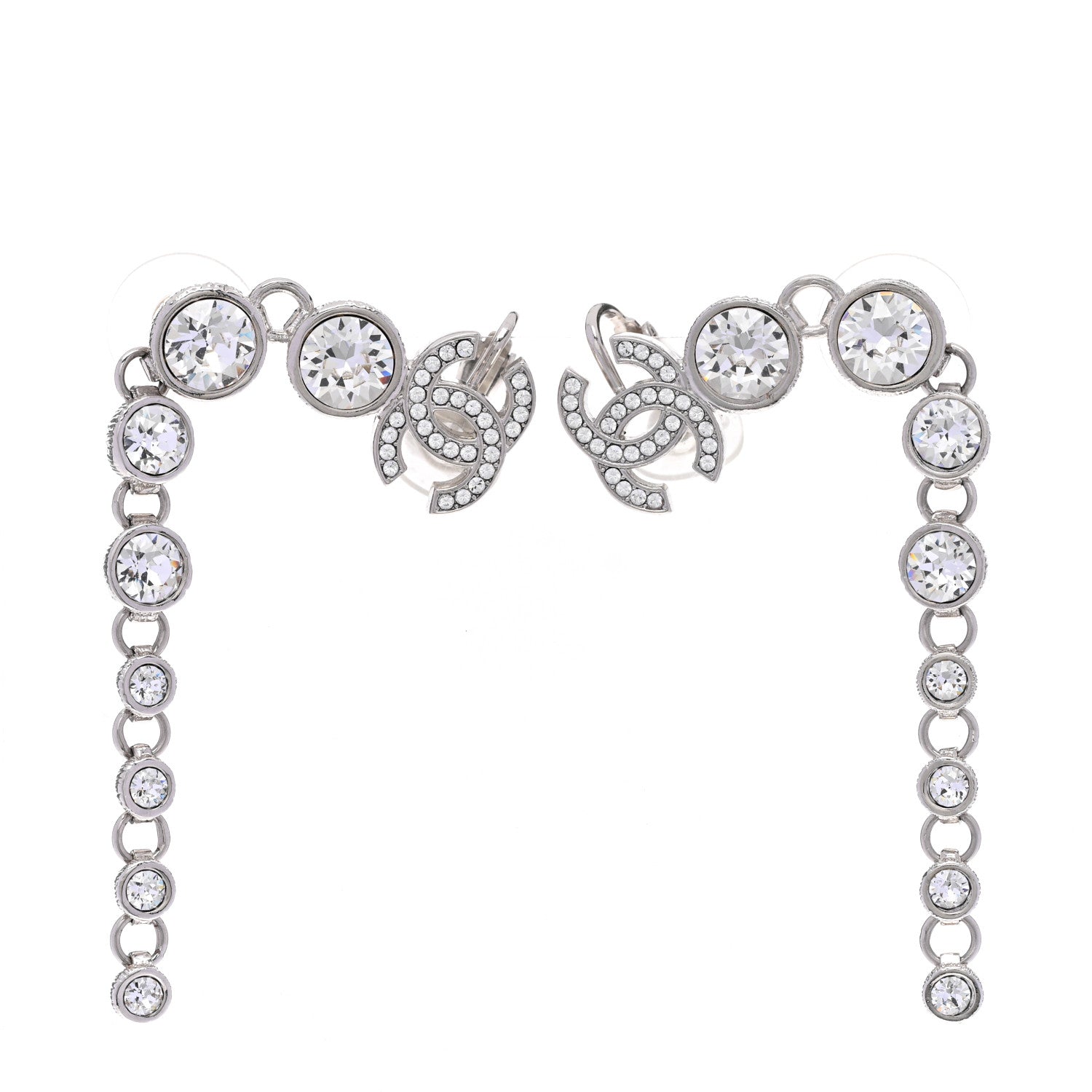 Chanel Crystal CC Long Drop Earrings Silver 1 of 5