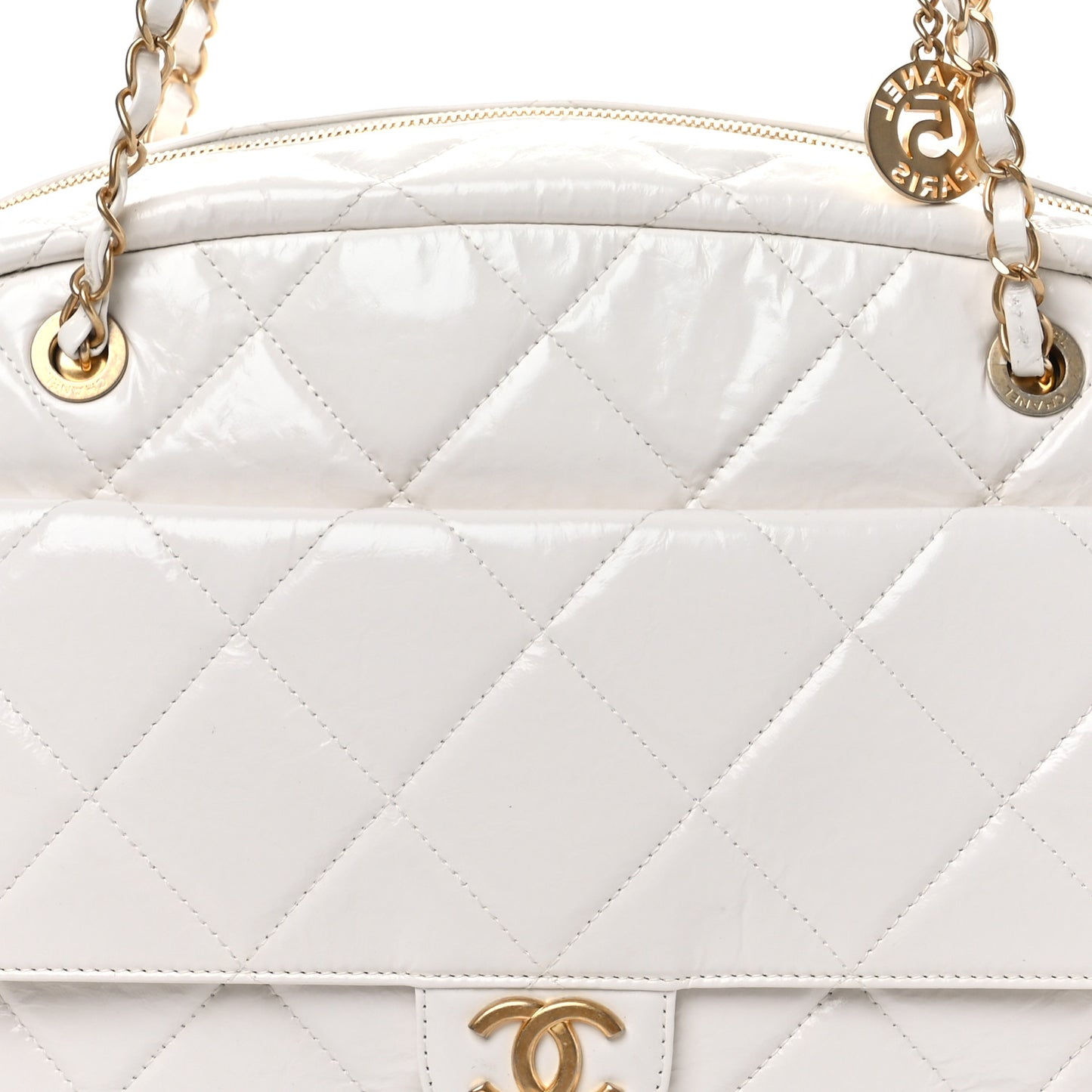 Shiny Crumpled Calfskin Quilted Large Bowling Bag White