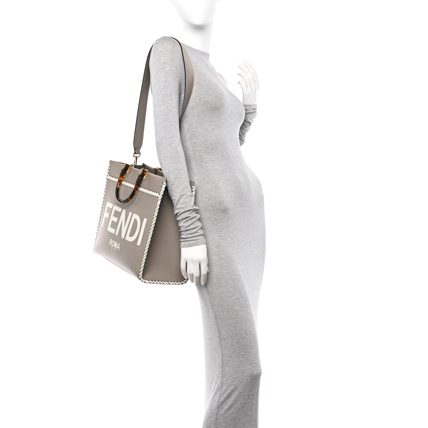 Vitello King Ceylon Plexiglass Woven Logo Debossed Medium Fendi Sunshine Shopper Tote Tortora White Ice
