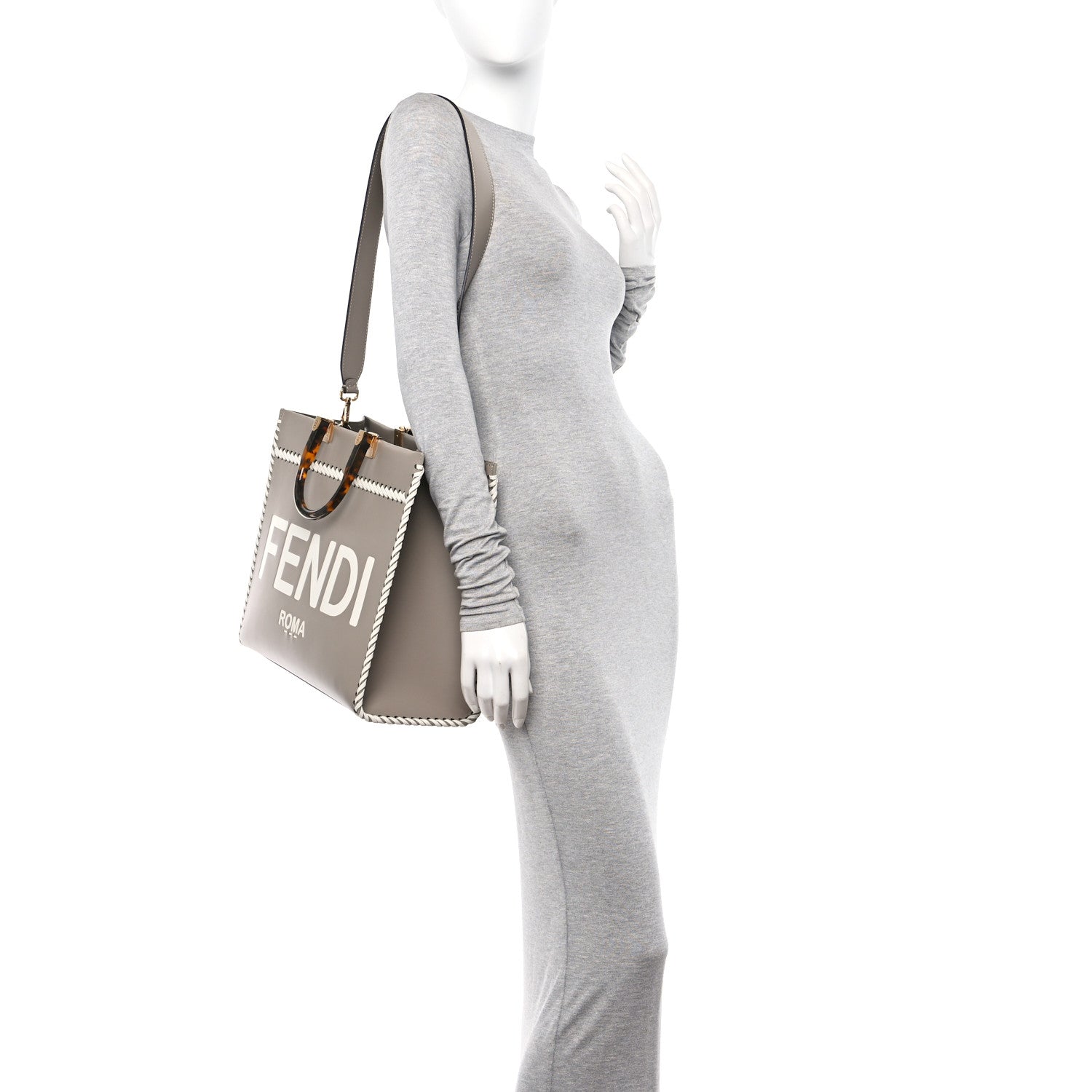 Fendi Vitello King Ceylon Plexiglass Woven Logo Debossed Medium Fendi Sunshine Shopper Tote Tortora White Ice 2 of 9