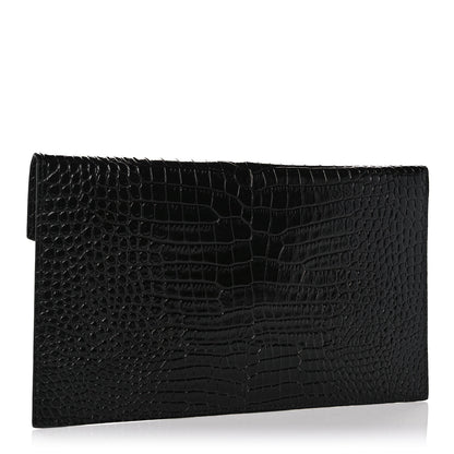 Saint Laurent Calfskin Crocodile Embossed Uptown Monogram Clutch Black 3 of 7