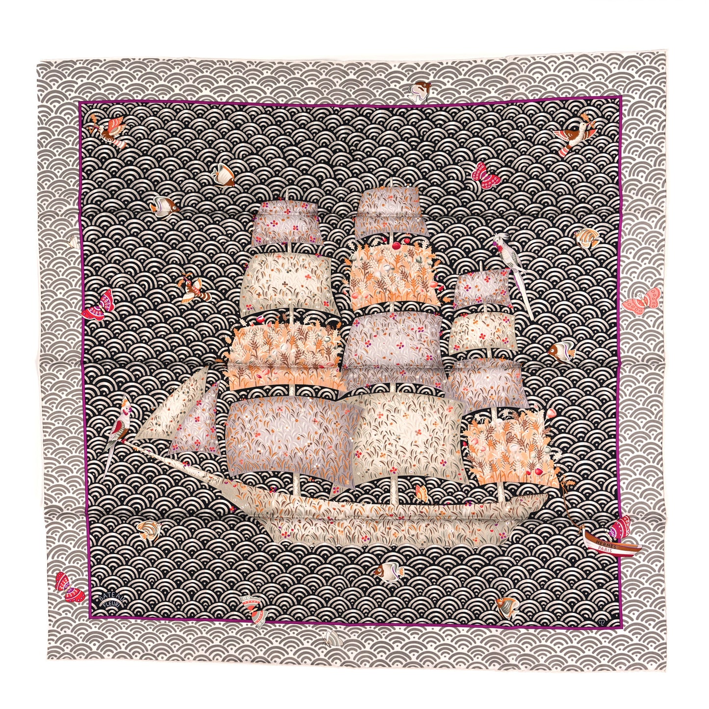 Silk Bateau Fleuri Scarf 90 Gris Black Vert De Gris