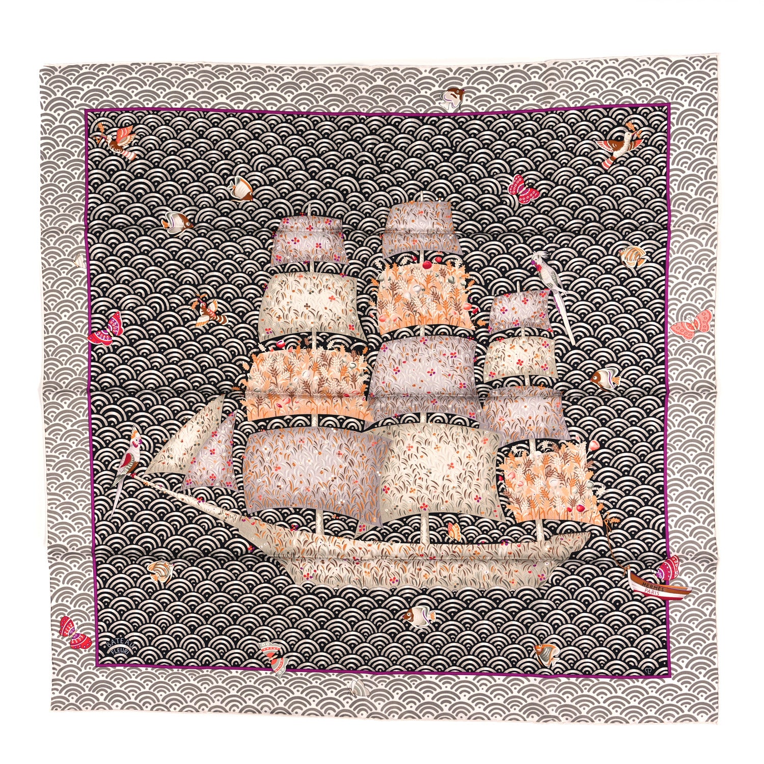 Hermes Silk Bateau Fleuri Scarf 90 Gris Black Vert De Gris 1 of 3