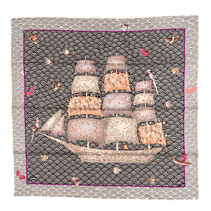 Hermes Silk Bateau Fleuri Scarf 90 Gris Black Vert De Gris 1 of 3