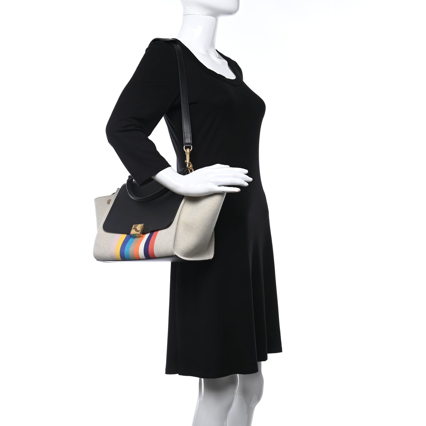 Smooth Calfskin Striped Canvas Small Trapeze Multicolor