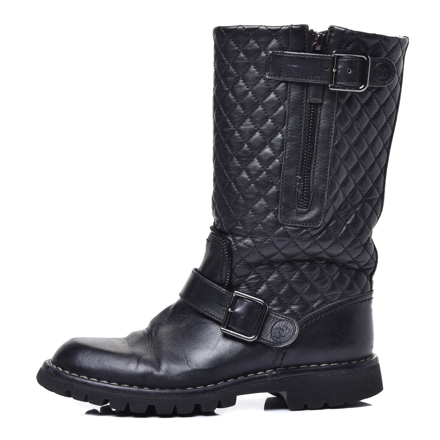 Chanel Calfskin Quilted Biker Boots 36.5 Black 1 of 9