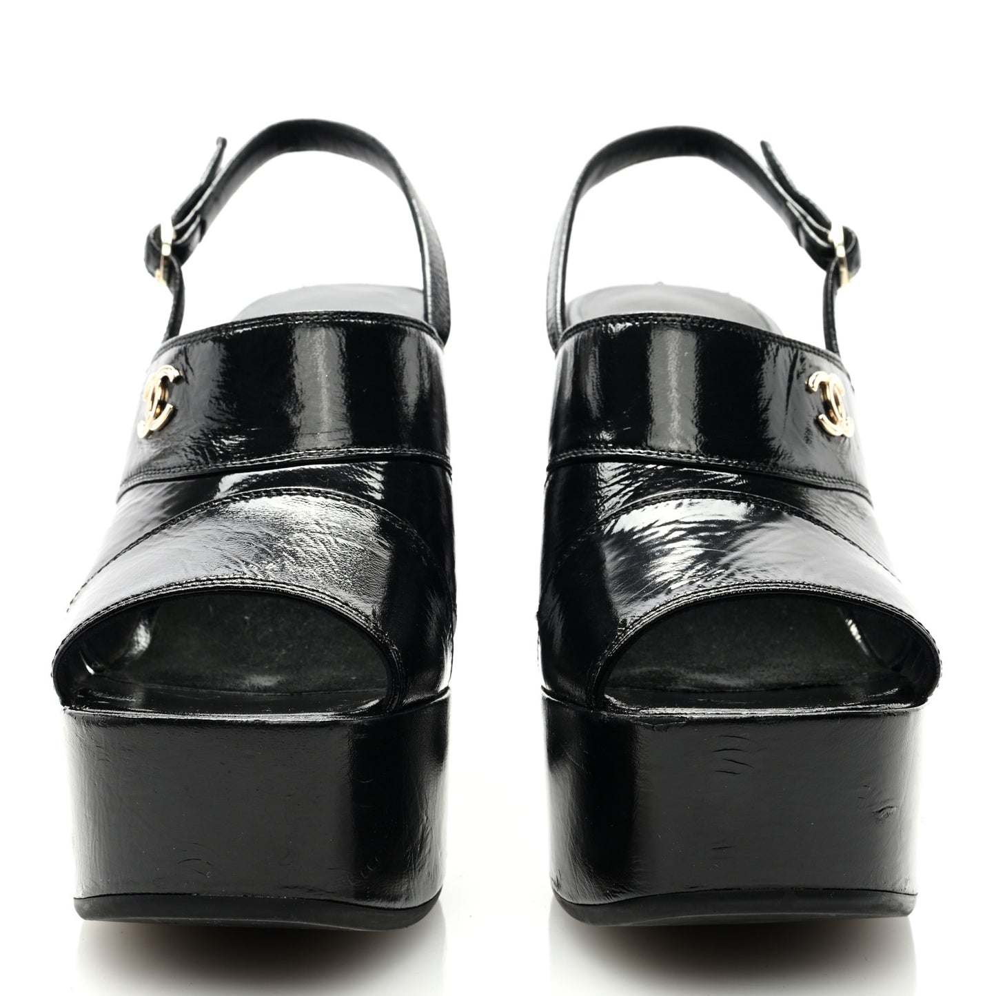 Crumpled Patent Lambskin Platform Sandals 39 Black