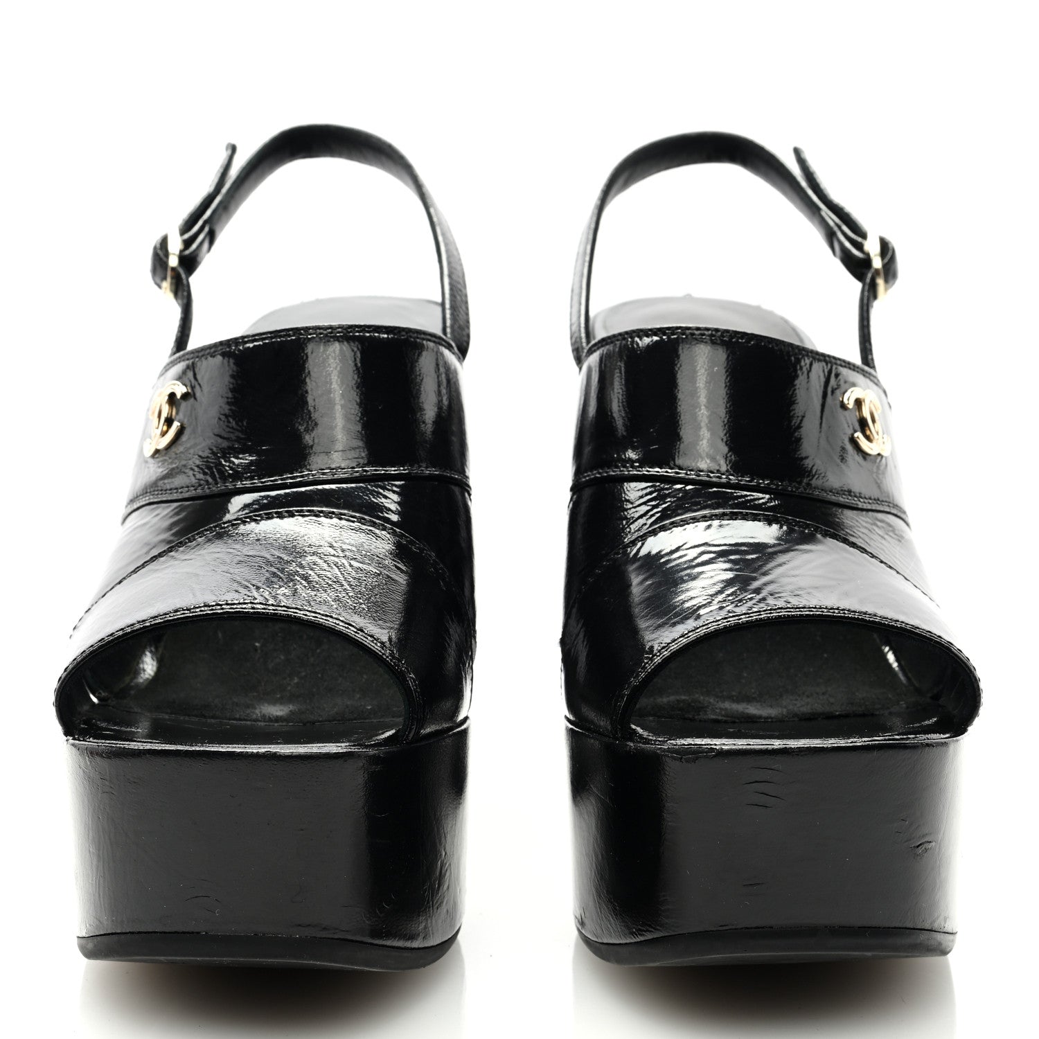 Chanel Crumpled Patent Lambskin Platform Sandals 39 Black 3 of 9