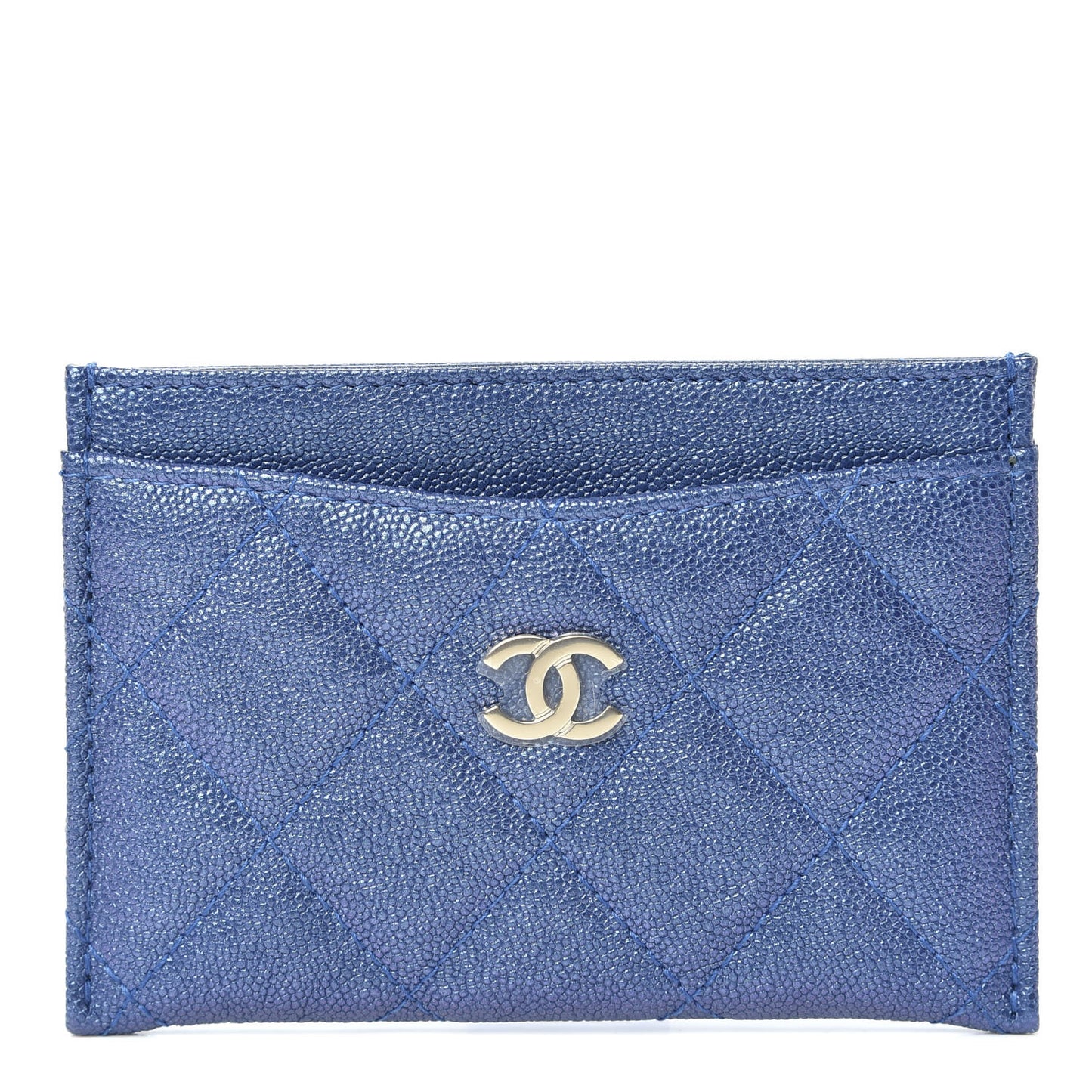 Iridescent Caviar Quilted Card Holder Dark Blue