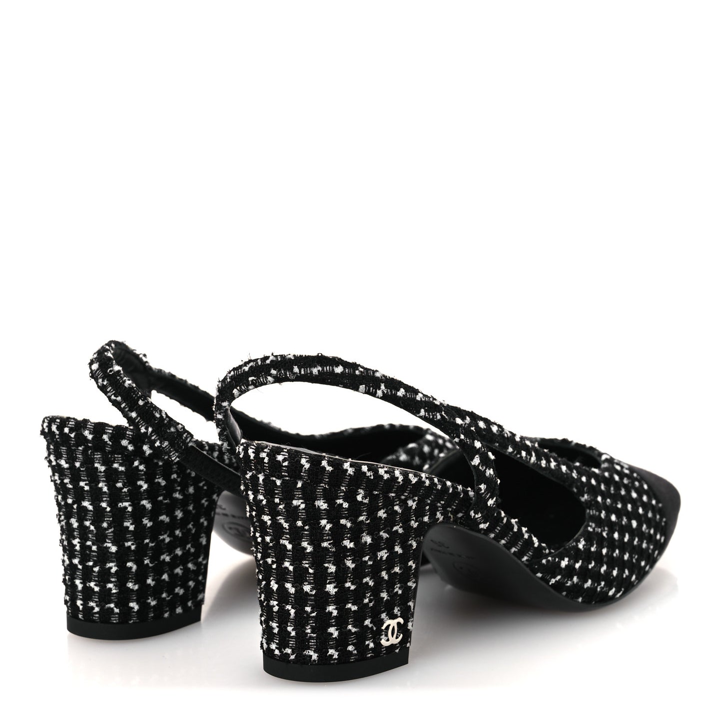 Tweed Grosgrain Cap Toe CC Slingback Pumps 35 Black White