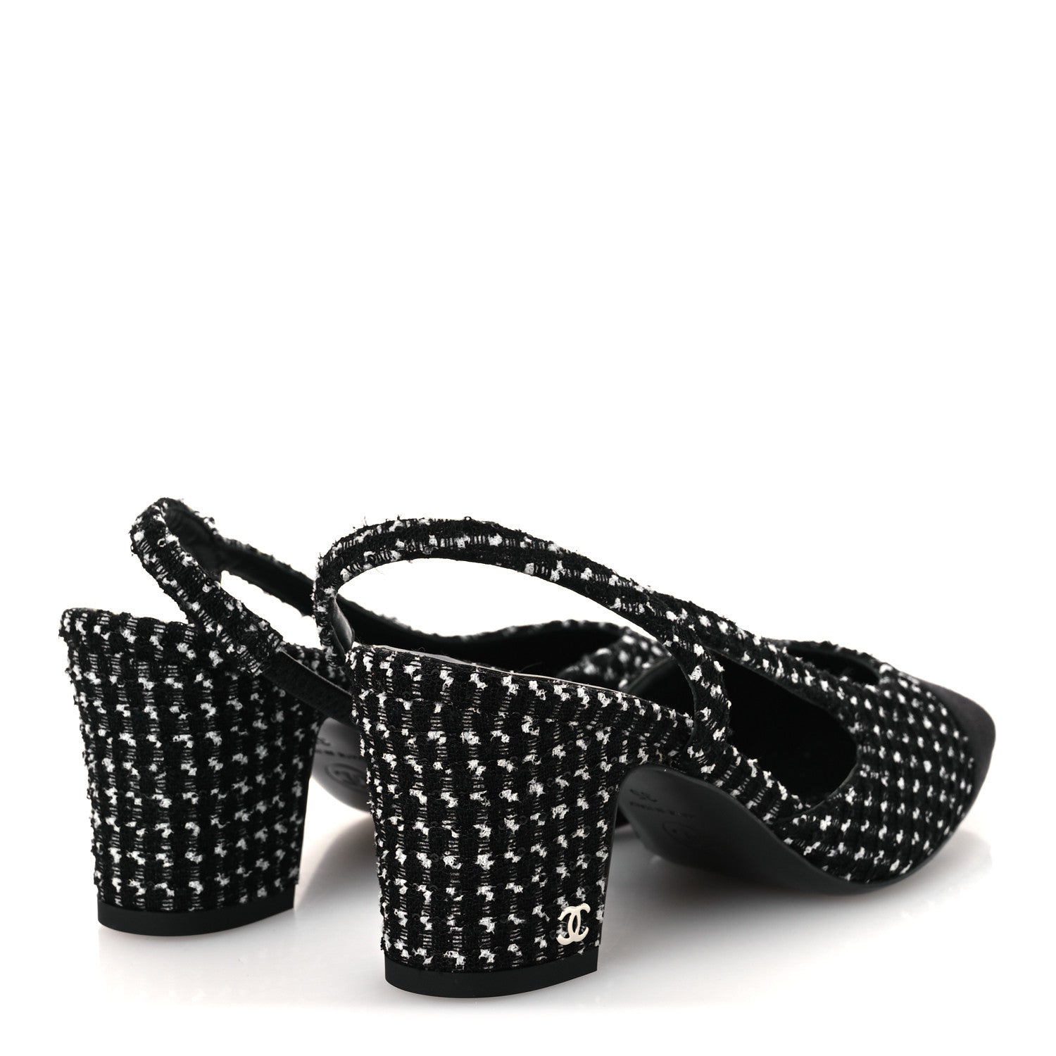 Chanel Tweed Grosgrain Cap Toe CC Slingback Pumps 35 Black White 5 of 12