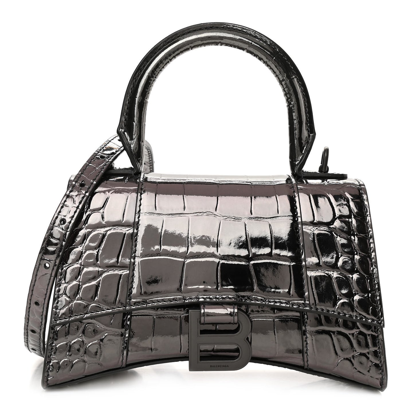 Shiny Calfskin Crocodile Embossed Hourglass Top Handle Bag XS Gunmetal