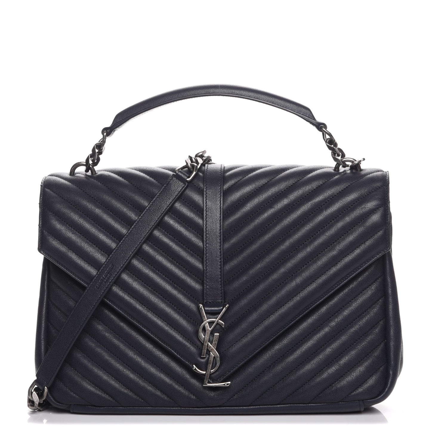 Sheepskin Matelasse Chevron Monogram Large College Satchel Navy Blue