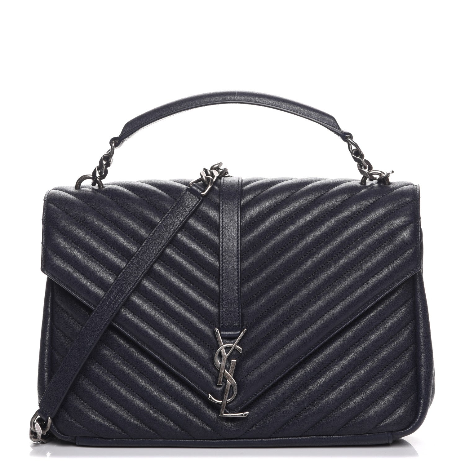 Saint Laurent Sheepskin Matelasse Chevron Monogram Large College Satchel Navy Blue 1 of 8