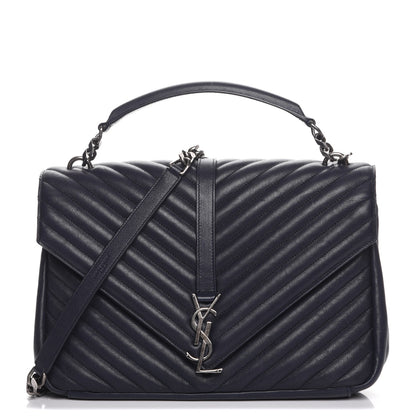 Saint Laurent Sheepskin Matelasse Chevron Monogram Large College Satchel Navy Blue 1 of 8