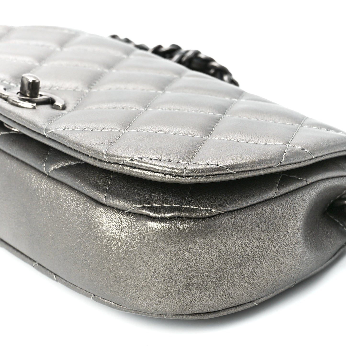 Metallic Calfskin Quilted Flap Clutch With Chain Ruthenium