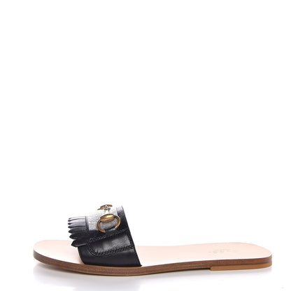 Gucci Malaga Kid Fringe Horsebit Slide Sandals 37 Black 1 of 8