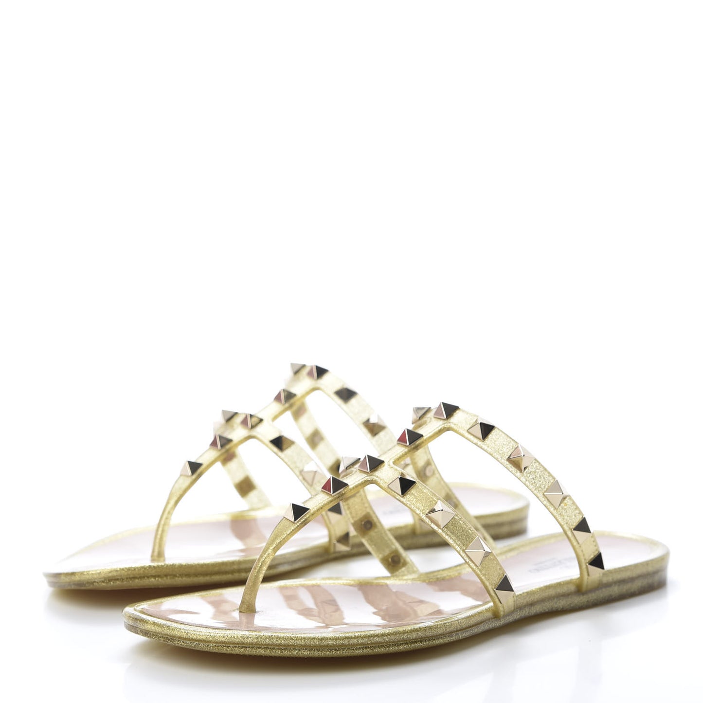 PVC Jelly Glitter Rockstud Caged Flat Thong Sandals 35 Oro