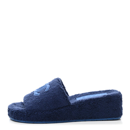 Chanel Terry CC Flat Mules Sandals 38 Dark Navy Blue 1 of 9