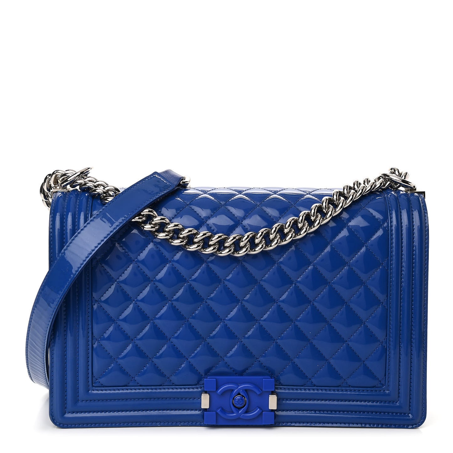 Patent Calfskin Quilted New Medium Plexiglass Boy Flap Blue