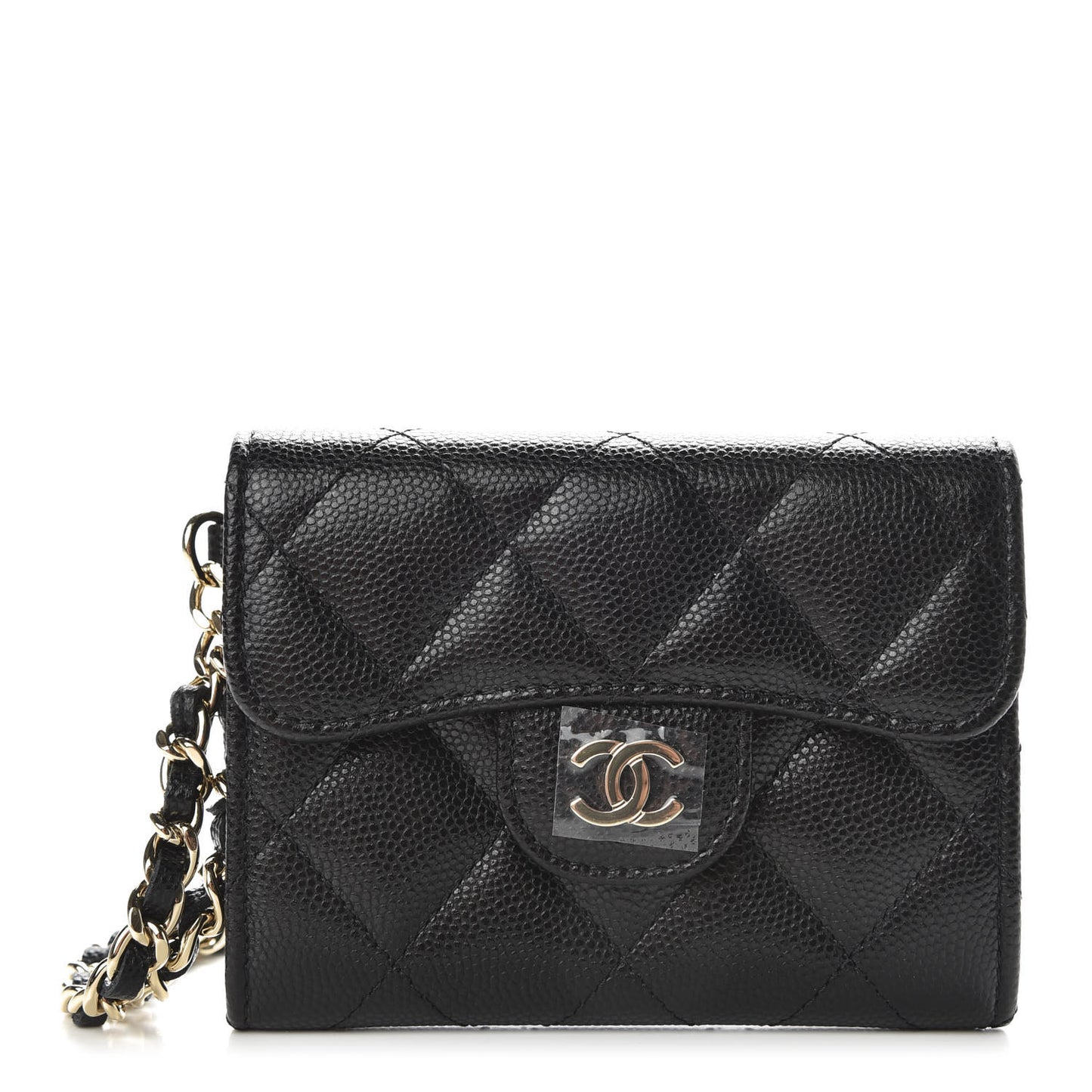 Caviar Quilted Flap Card Holder Chain Wristlet Black