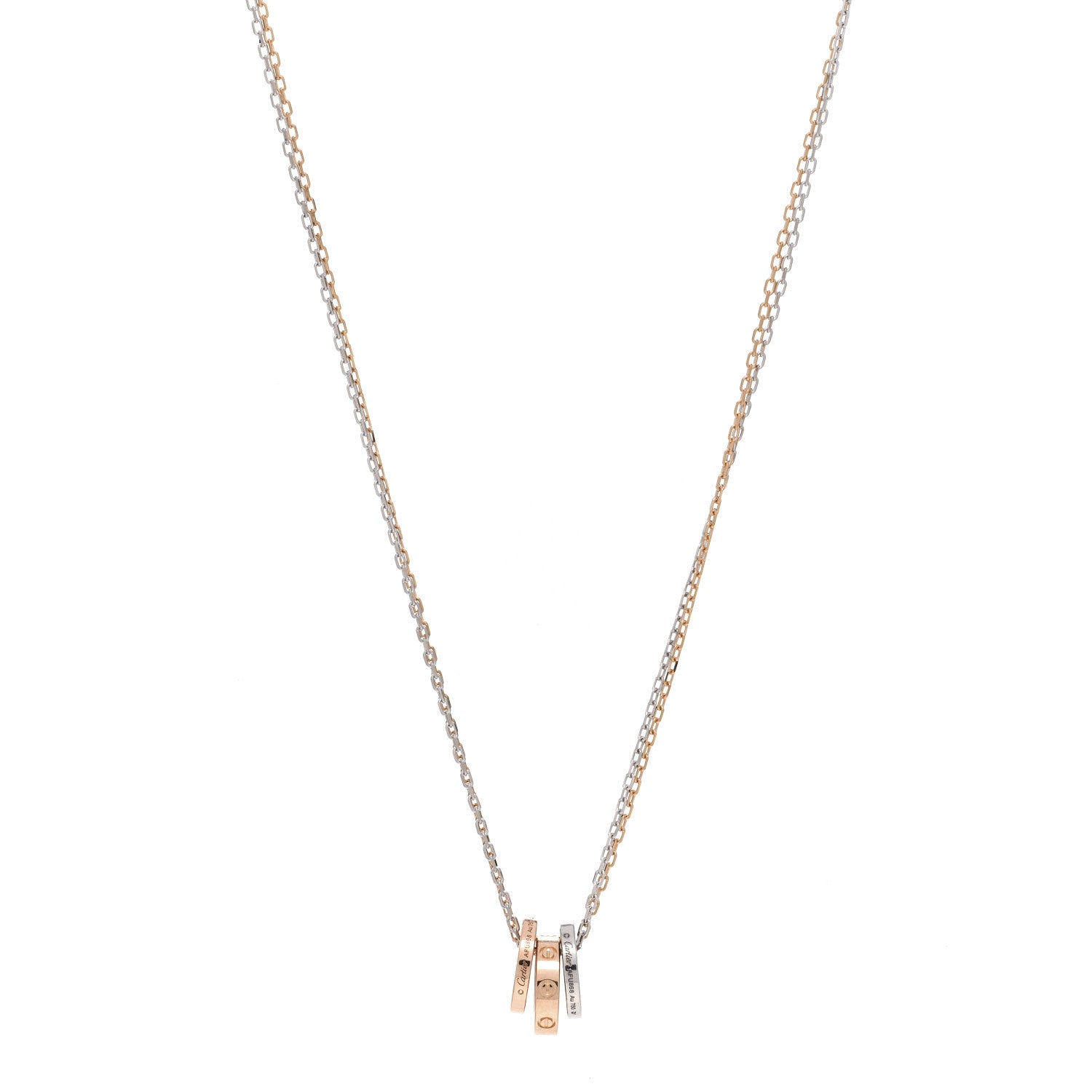 Cartier 18K White Pink Gold Diamond Three Ring LOVE Pendant Necklace 1 of 5