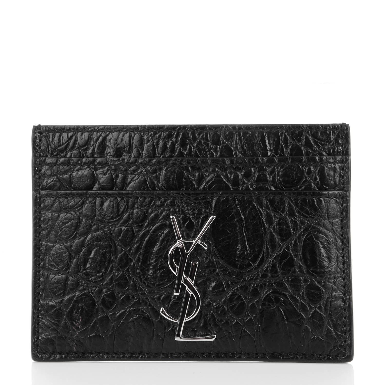 Saint Laurent Calfskin Crocodile Embossed Card Case Black 1 of 7